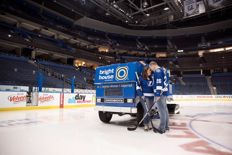 Tampa Lightning Themed Engagement Session at Amalie Arena with Zamboni Machine on Ice | Kristen Marie Photography