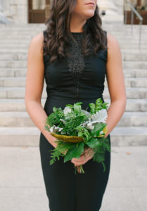 Tampa Bridesmaids Wedding Portrait in Black Bridesmaid Dress and Green Leafy Bouquet