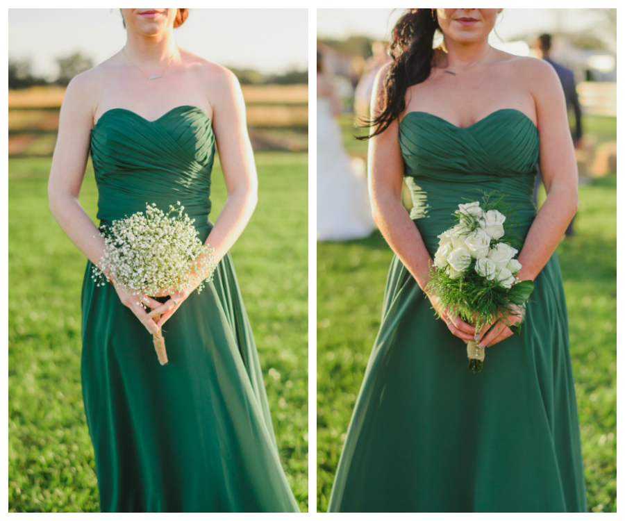 Wedding Bridesmaids in Green Dessy Dresses and White Floral Wedding Bouquets