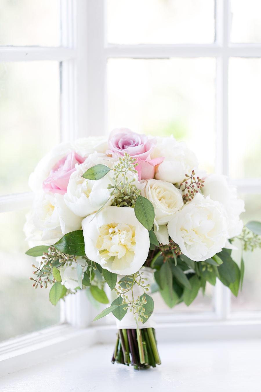 Ivory and Blush Bridal Bouquet with Ranunculus, Roses, Baby's Breath and Greenery