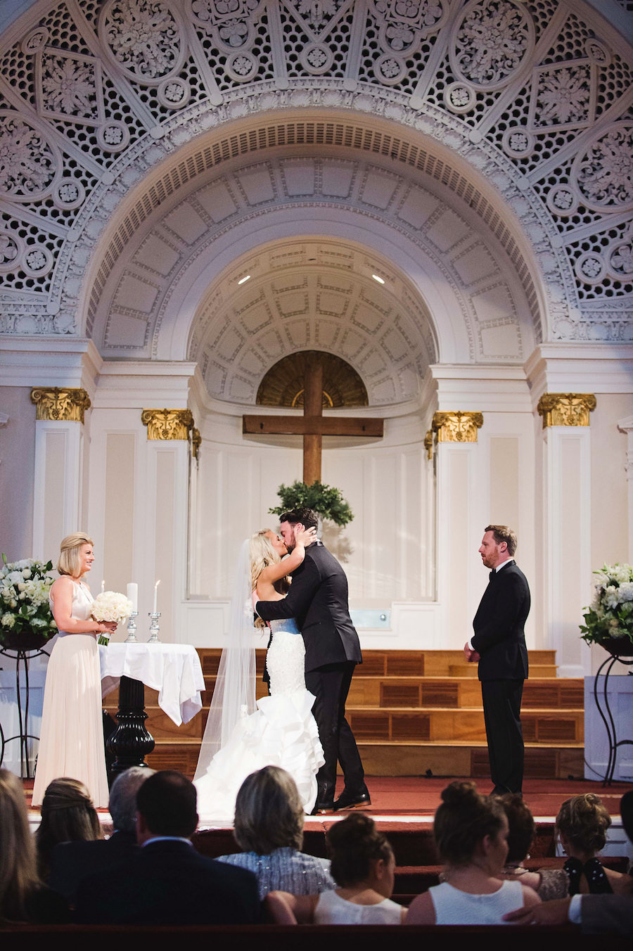 Bride and Groom Tampa Wedding Ceremony Kiss at First Baptist Church of Tampa | Wedding Photographer Marc Edwards Photographs