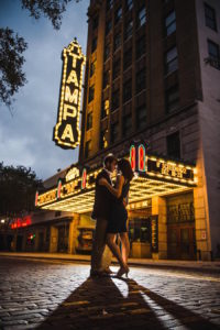 Outdoor, Nighttime Downtown Tampa Engagement Photography Session at Tampa Theatre| Marc Edwards Photographs
