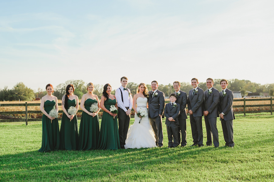 Bride and Groom with Bridal Party for Outdoor, Portrait in Green Dessy Bridesmaids Dresses and Grey Groomsmen Suits | Plant City Wedding Venue Wishing Well Barn