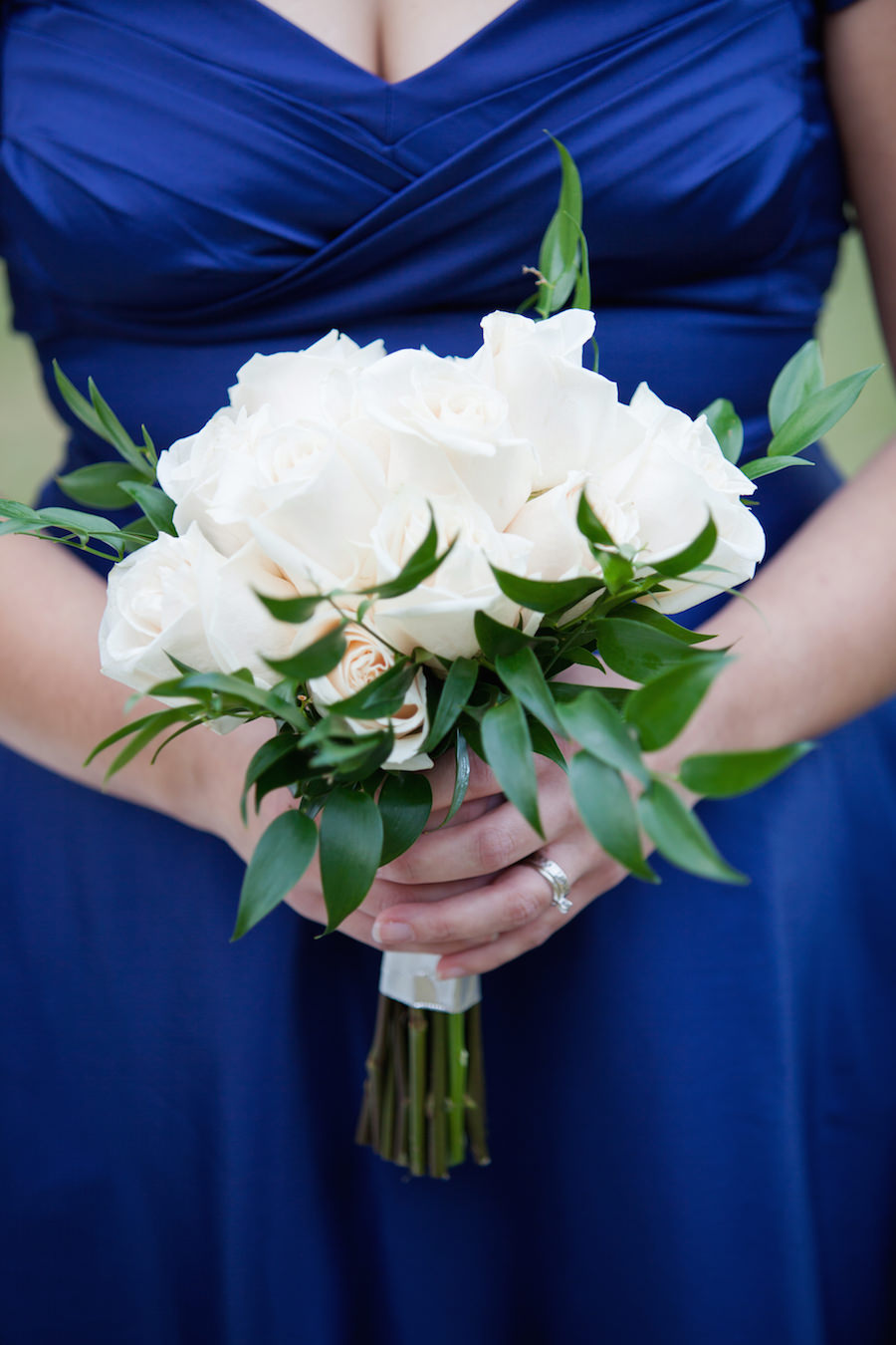 Royal Blue ModCloth Bridesmaid Dress with White Rose Wedding Bouquet with Greenery