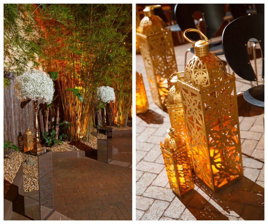 Tall Gold Wedding Ceremony Decor with White Babysbreath Flowers on Mirrored Stands | Gold Candlelit Outdoor Lanterns for Wedding Ceremony Aisle Decor