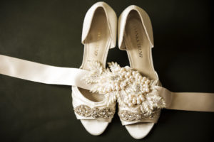 White, Ivanka Trump Bridal Wedding Shoes with Crystal, Rhinestone Accents and Pearl Wedding Sash