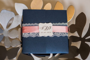 Navy Blue and Blush Wedding Pocket Fold Invitation with Ribbon and Lace Accent | Tampa Wedding Stationery Shop Invitation Galleria