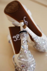 Bridal Champagne Wedding Shoes with Rhinestone and Beading Detail and Wedding Engagement Ring Portrait
