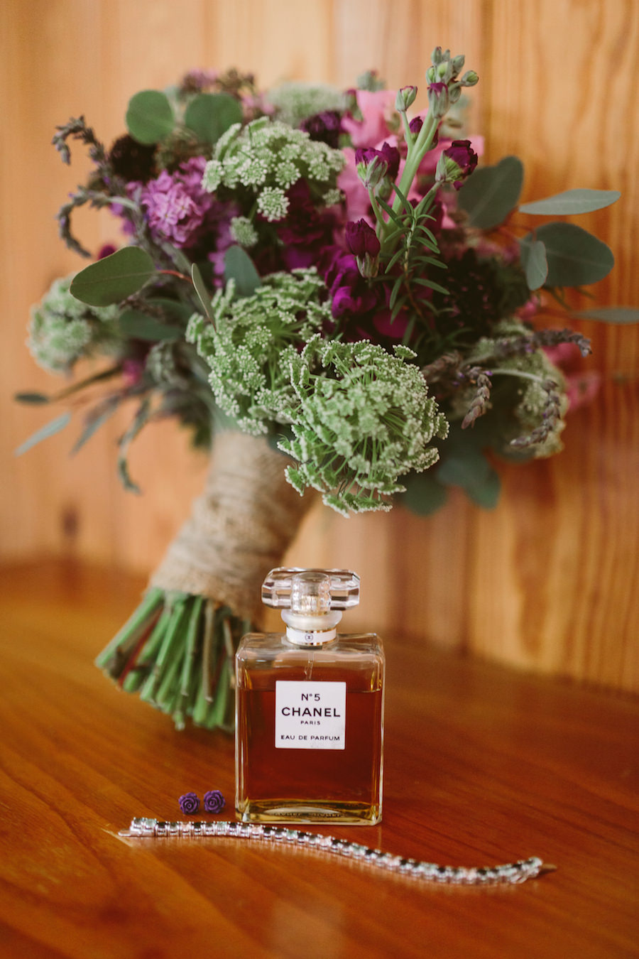 Rustic, Earthy Purple, Pink, and Green Floral Wedding Bouquet and Chanel Number 5 Bridal Perfume and Jewelry