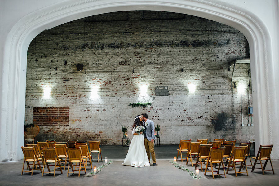 Tampa Bohemian-Nature Inspired Wedding Ceremony with Wooden Chairs and Bohemian Wedding Dress | Isabel O'Neil Bridal Collection