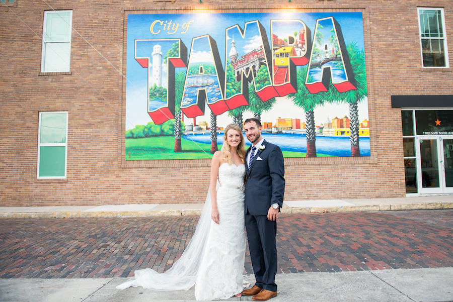 Outdoor, Downtown Tampa Bride and Groom Wedding Portrait with City of Tampa Postcard Graffiti Mural