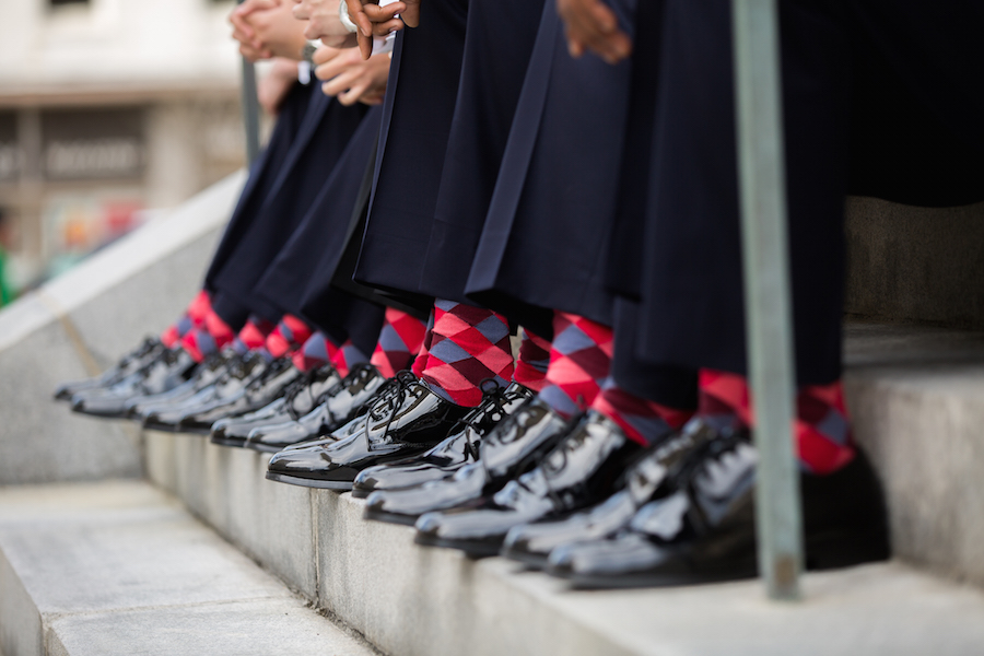 Groomsmen Checkered Red, Blue, and Purple Dress Matching Socks with Black Shoes