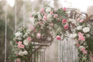 Rustic Glam Floral Wedding Archway with White and Light Pink Roses, Baby’s Breath, Greenery and Cascading Crystals | Rose Petal Aisle | Wedding Ceremony Ideas | Tampa Bay Wedding Floral Designer Northside Florist