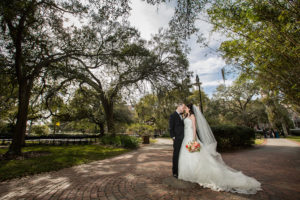 Outdoor, Bride and Groom Garden Park Wedding Portrait at University of Tampa