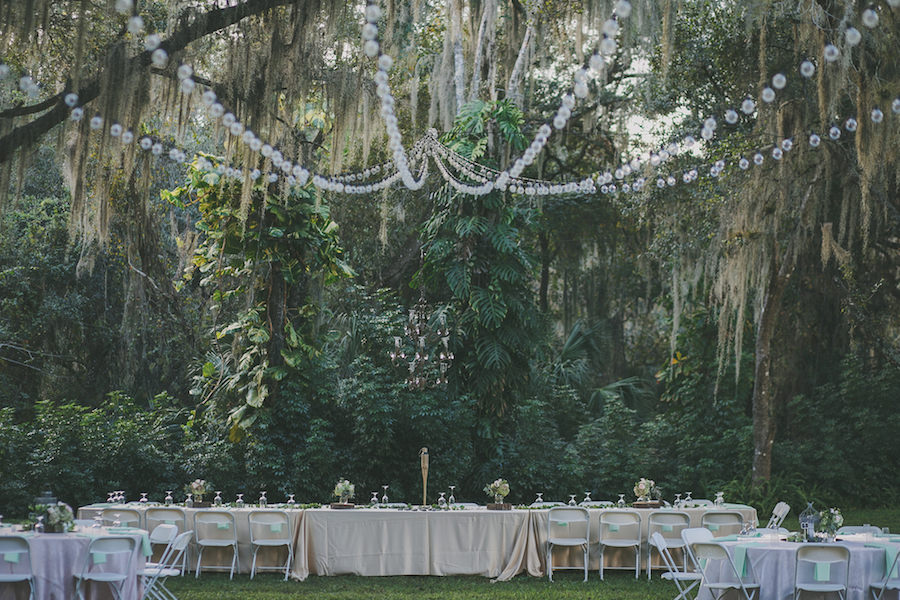 Outdoor, Rustic Peach and Neutral Sarasota Wedding Reception with Tree Strung Market Lights | Sarasota Wedding Venue Southern Oaks