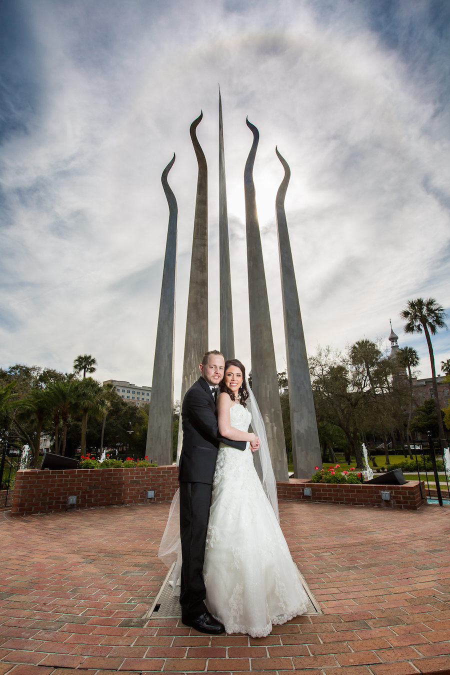 Outdoor, Bride and Groom Wedding Portrait with Sculpture at University of Tampa