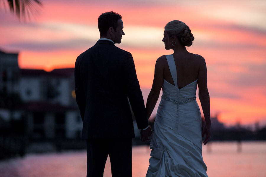 Outdoor Beachfront, Twilight Sunset Bride and Groom Wedding Portrait | St. Pete Wedding Photographer Jeff Mason Photography | St. Petersburg Wedding Venue Isla Del Sol Yacht and Country Club