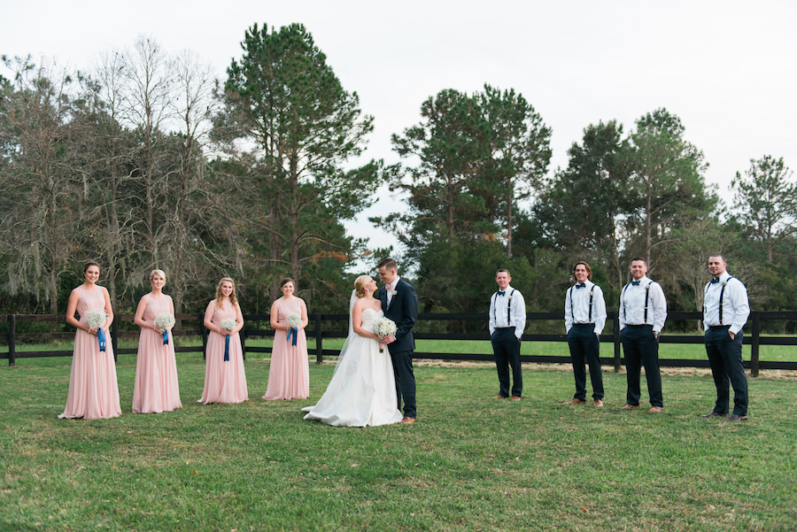 Outdoor, Southern Bridal Party Wedding Portrait | Blush Pink Adrianna Papell Bridesmaid Dresses with White Sweetheart Galina by David’s Bridal Wedding Dress with White Wedding Bouquet | Wedding Makeup Artist Michele Renee The Studio | Tampa Bay Wedding Photographer Kera Photography