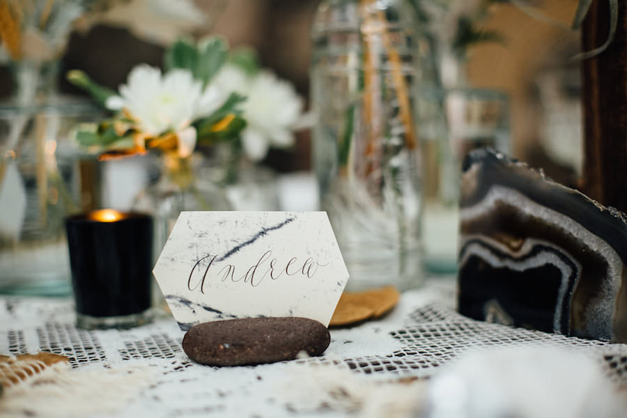 Tampa Wedding Reception Table Decor with Rock Name Place Holders and Gemstone Accents