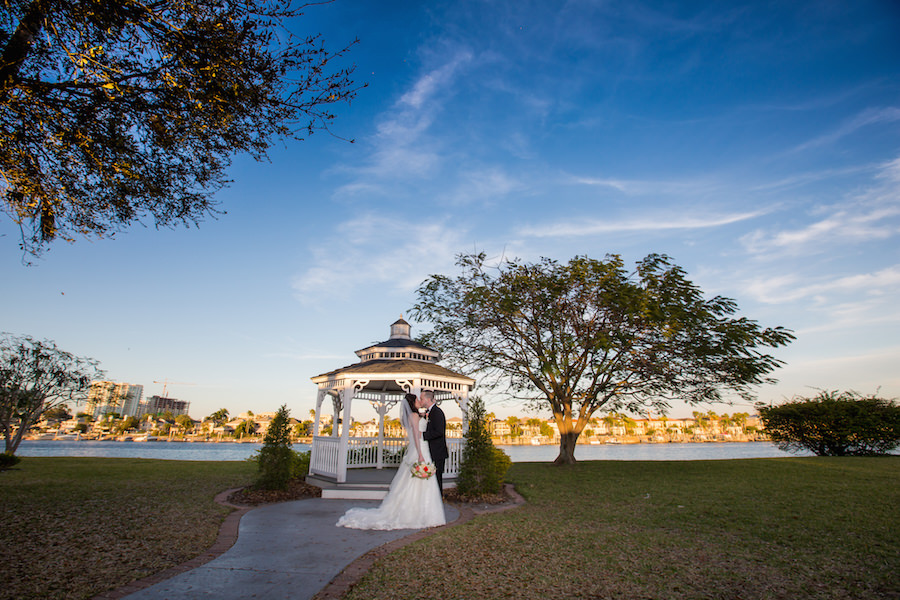 Outdoor, Waterfront Bride and Groom Wedding Portrait with Gazebo | Tampa Wedding Venue Davis Island Garden Club