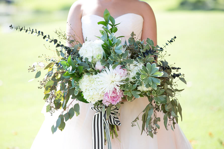 Large Wedding Bouquet with Greenery, Hydrangea and Pink Flowers with Black and White Stripped Ribbon