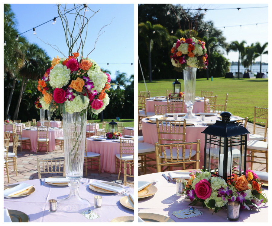 Outdoor St Petersburg Wedding Reception Décor with Gold Chiavari Chairs, Pink Linens and Orange, Bright Pink and Fuchsia Floral Centerpieces with Lanterns and Market Twinkle Lights | Exquisite Events Wedding Planning