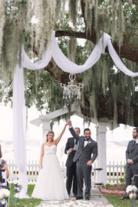 Outdoor, Wedding Ceremony Bride and Groom Portrait at Altar After Saying I Do | Bradenton Wedding Venue Palmetto Riverside Bed and Breakfast