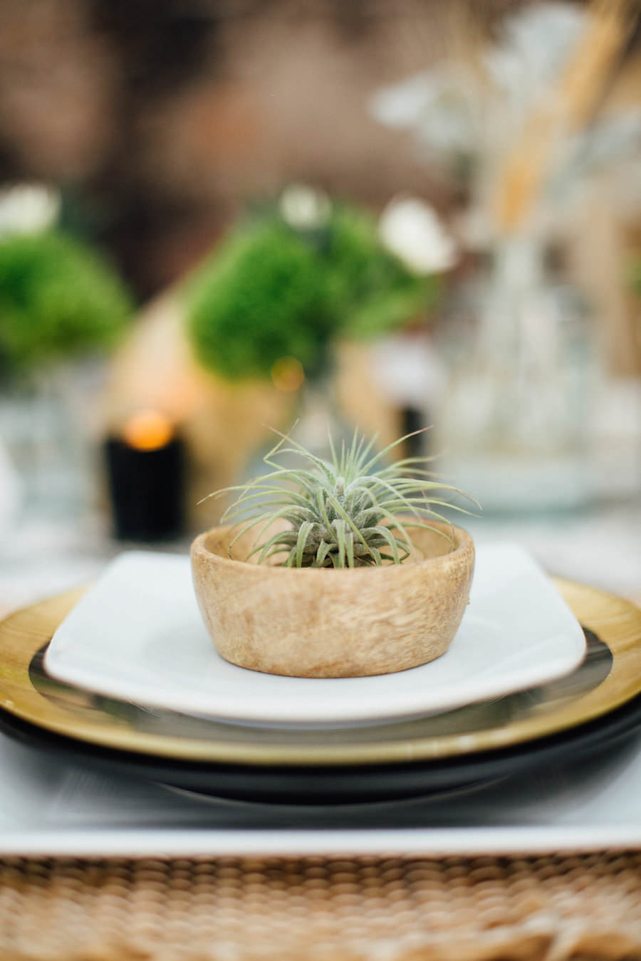 Tampa Nature Inspired Wedding Reception Table Decor with Greenery Place Setting and Gold Chargers