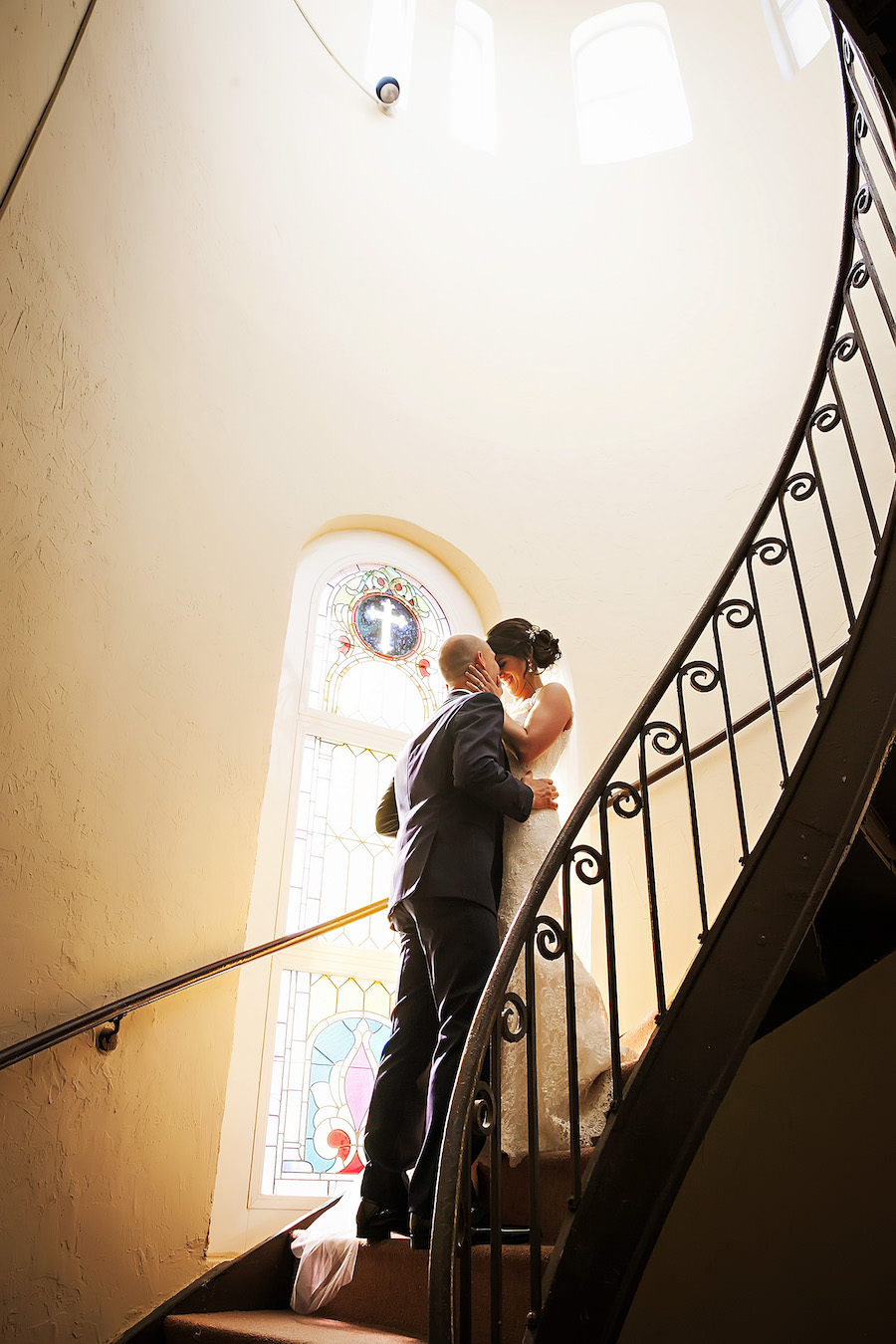 Tampa Bride and Groom Wedding Portrait on Stairwell of Sacred Heart Catholic Church | Tampa Wedding Photographer Limelight Photography