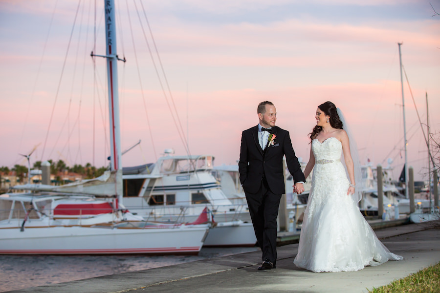 Outdoor, Waterfront Bride and Groom Wedding Portrait with Sailboats | Tampa Wedding Venue Davis Island Garden Club