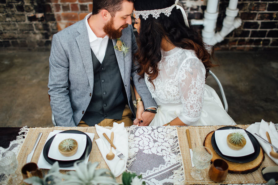 Nature Inspired Wedding- Bride and Groom Wedding Portrait in Bohemian Style Wedding dress and Headband and Grey Grooms Suite | Isabel O'Neil Bridal Collection