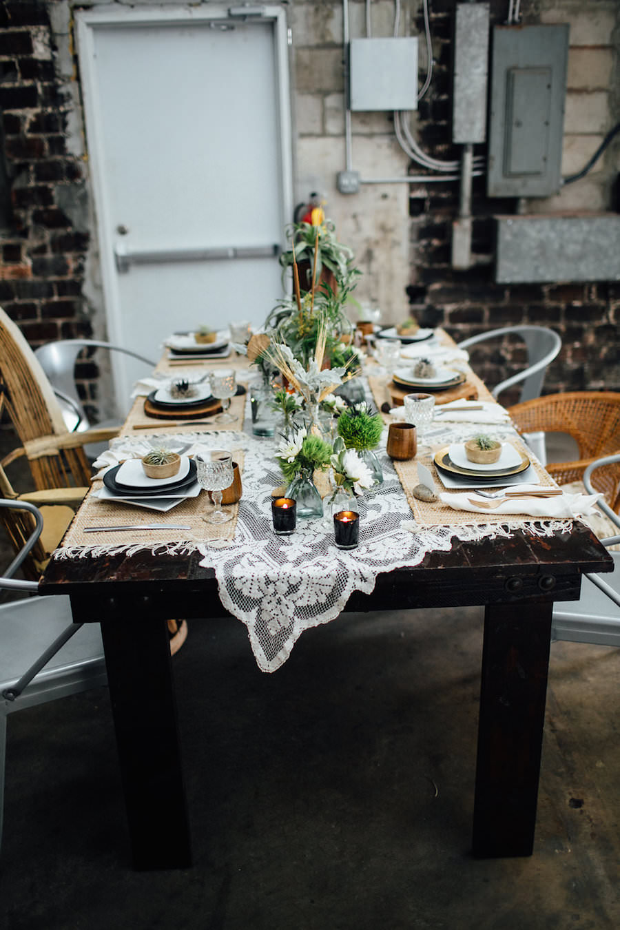 Tampa, Nature Inspired Wedding Reception Table Decor with Wooden Farm Table, MisMatched Chairs, Doily Tablecloth and Greenery Centerpieces