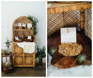 Wicker Display Chest with Crystal Citrine Quartz and Greenery | Nature Inspired Wedding |Tampa Wedding Rentals Tufted Vintage Rentals