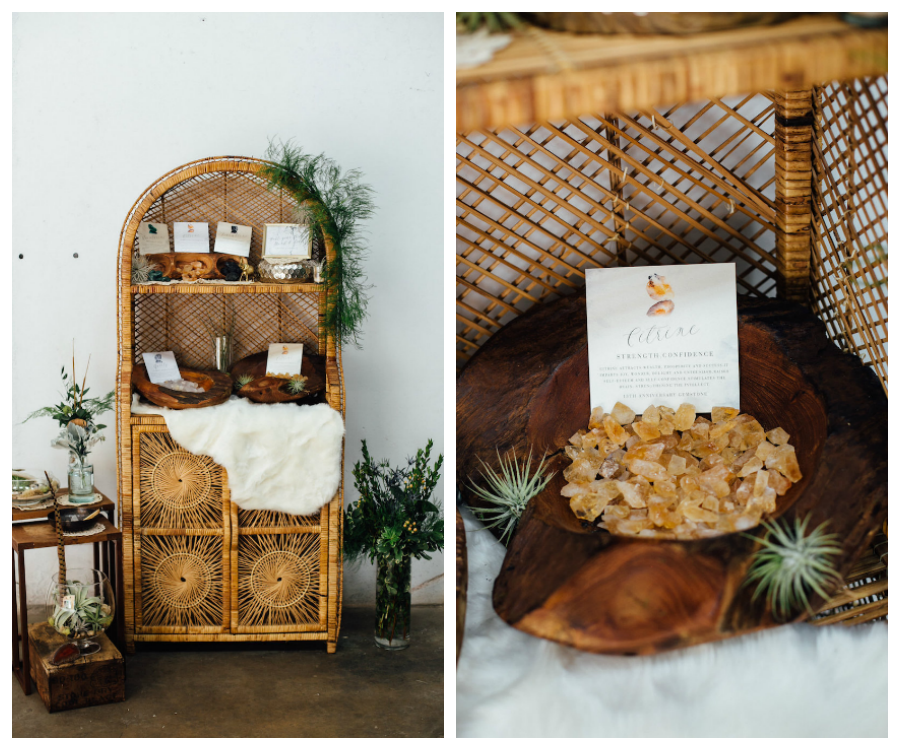 Wicker Display Chest with Crystal Citrine Quartz and Greenery | Nature Inspired Wedding |Tampa Wedding Rentals Tufted Vintage Rentals