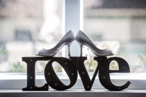 Silver, Rhinestone Bridal Wedding Shoes Heels on Love Sign