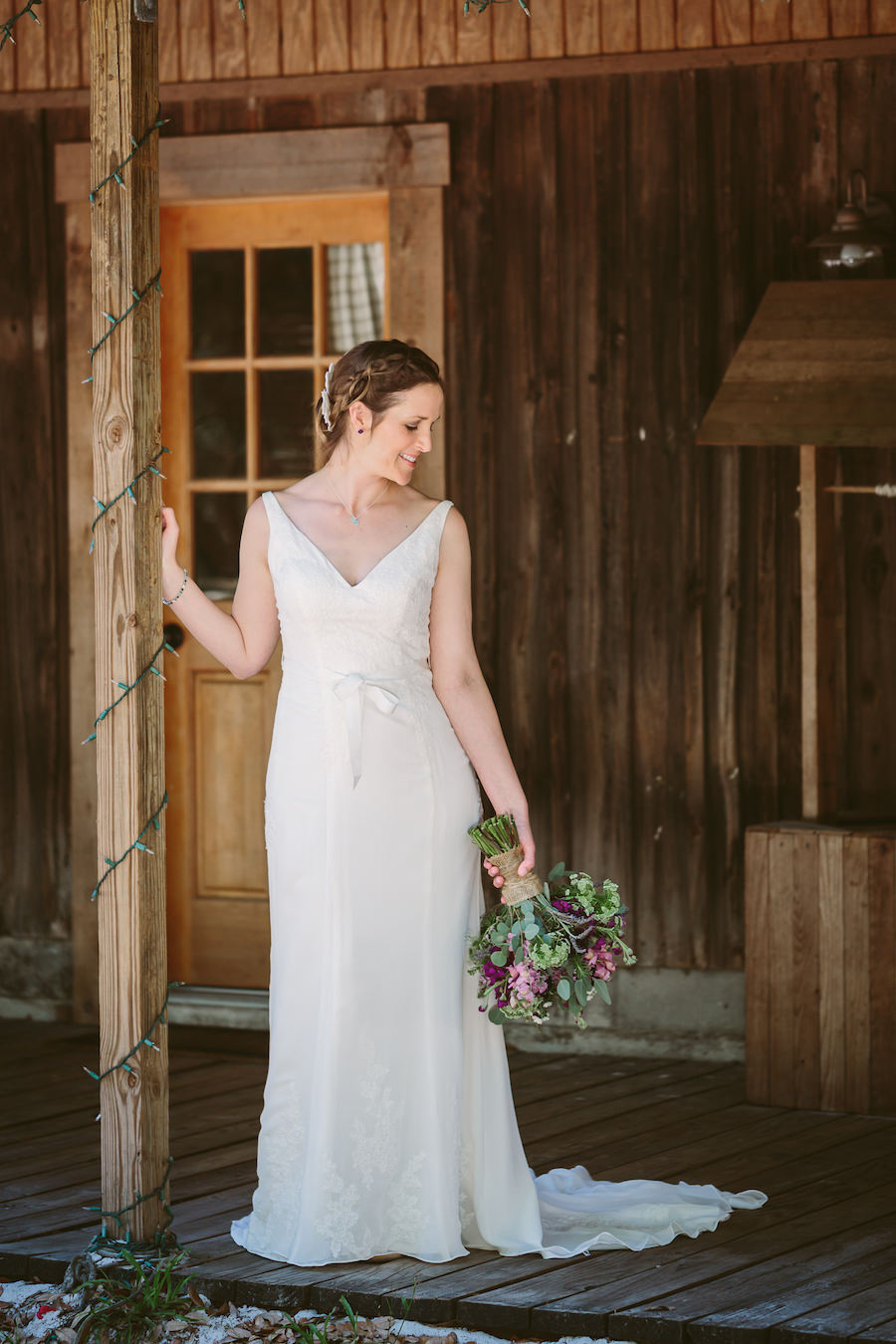 Outdoor, Odessa Bridal Wedding Portrait in Ivory Wedding Dress and Purple and Pink Floral Bouquet