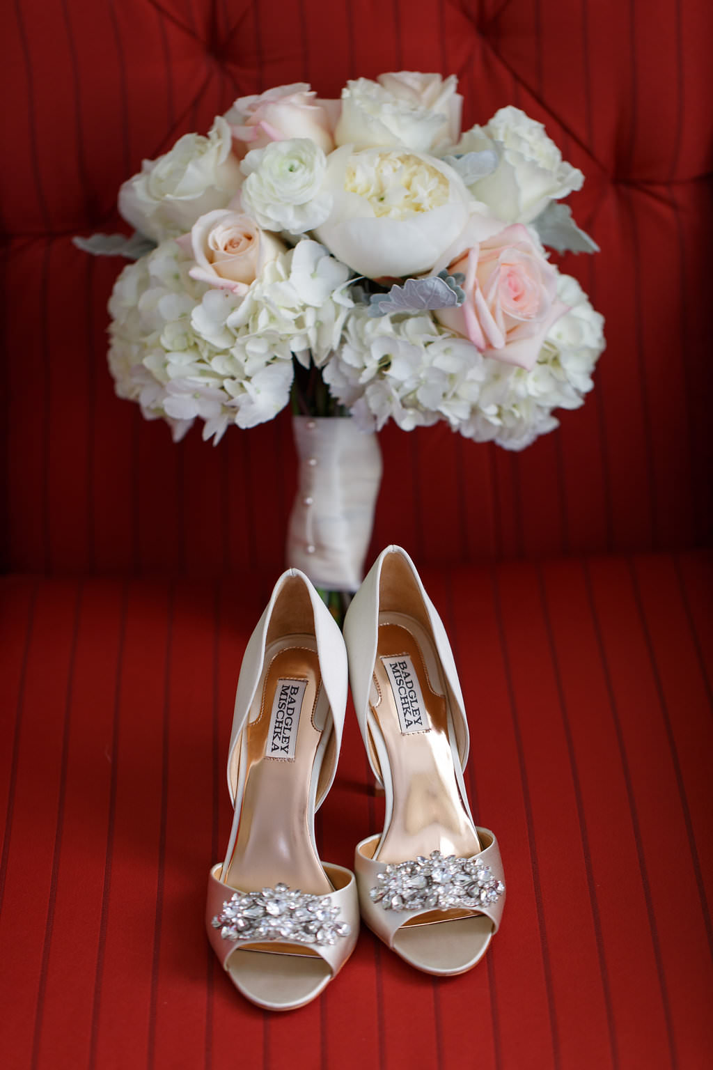 Bridal Champagne Open Toed Badgley Mischka Wedding Shoes with Rhinestone Brooch and Ivory and Blush Pink Hydrangea and Rose Bridal Wedding Bouquet