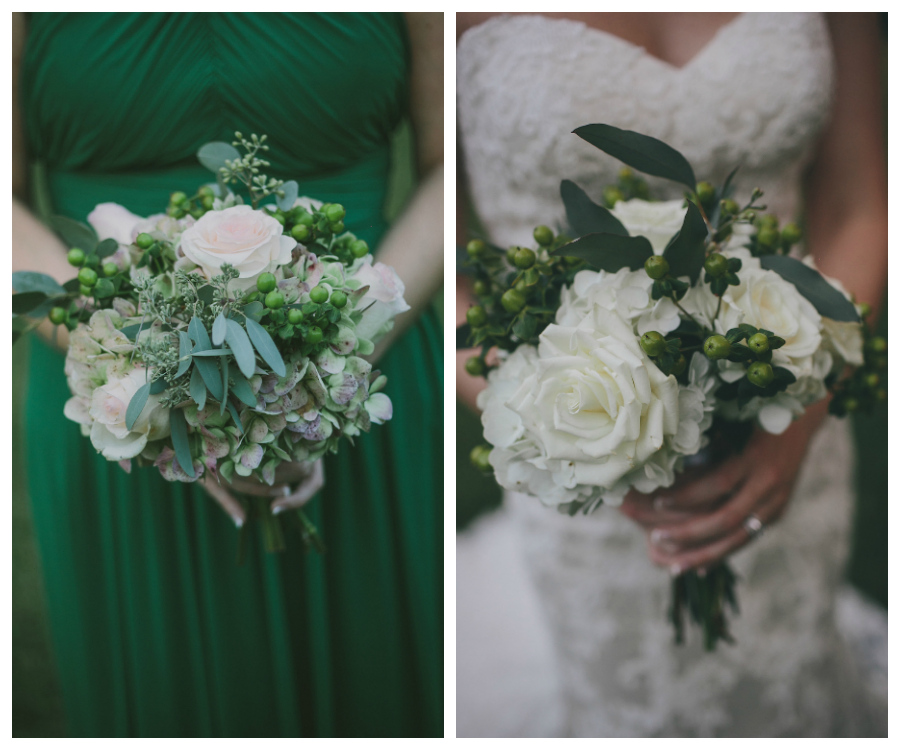 Sarasota Wedding with Lace, Strapless Ivory Wedding Dress and Green Bridesmaids Dress with White Wedding Bridal Bouquets with Greenery