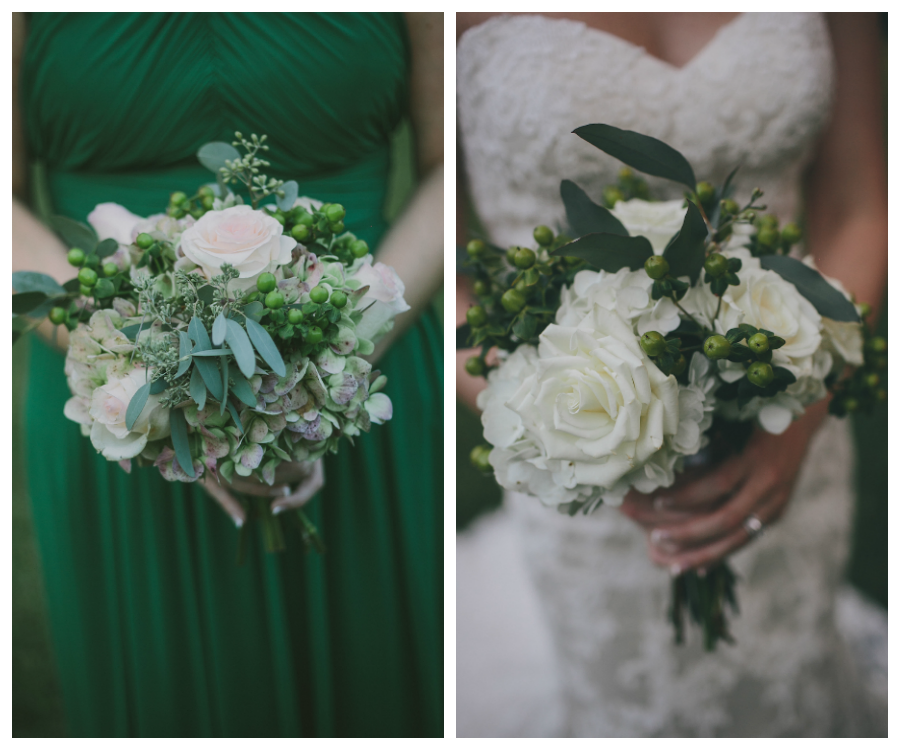 Sarasota Wedding with Lace, Strapless Ivory Wedding Dress and Green Bridesmaids Dress with White Wedding Bridal Bouquets with Greenery