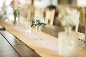 Rustic Farm, Vintage Wedding Long Feasting Tables with Burlap Lace Runners and Baby’s Breath Flower Centerpieces | Tampa Bay Wedding Photographer Kera Photography