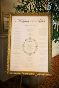 Elegant Wedding Reception Guest Seating Chart in Ornate Gold Frame