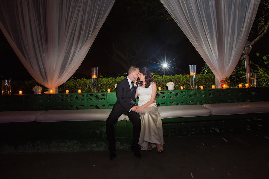 Outdoor, Nighttime Bride and Groom Wedding Portrait | Tampa Wedding Venue Davis Island Garden Club