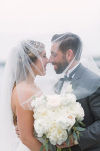 Outdoor, Bride and Groom Wedding Portrait Under Bridal Veil