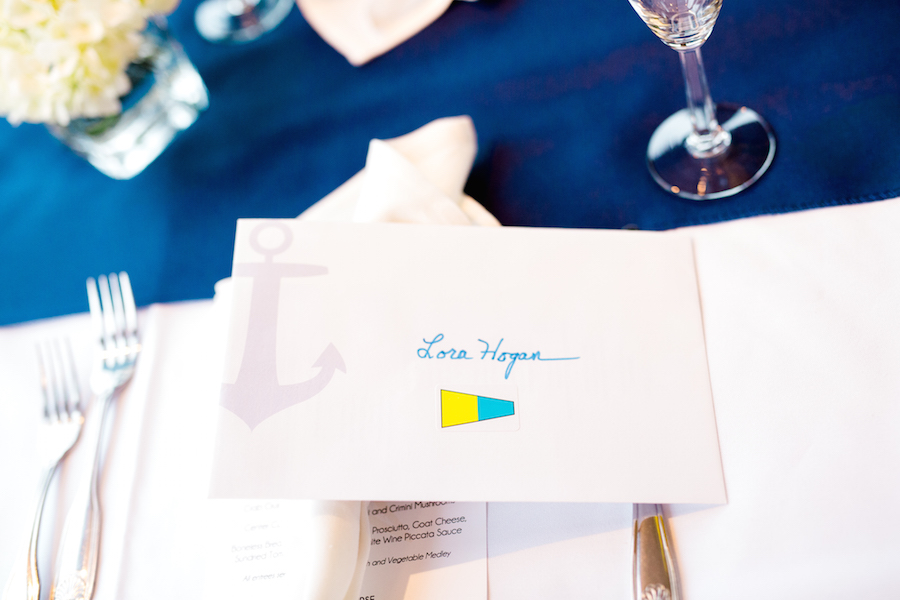 Blue and Yellow Name Setting Place Card on Navy Linens | Nautical Wedding Theme Table Setting Décor Ideas