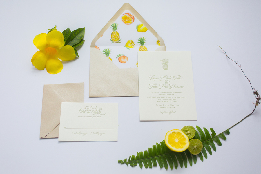 Tropical Citrus Summer Inspired Wedding Invitations| Custom Tampa Bay Wedding Invitations and Stationery by St. Petersburg Wedding Invitation Store AP Design Co