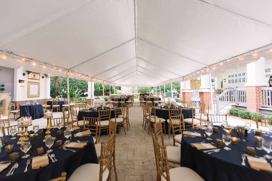 Palmetto, Outdoor Tented Navy and Gold Wedding Reception | Bradenton Wedding Planner Special Moments | | Wedding Venue Palmetto Riverside Bed and Breakfast