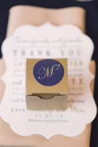 Navy Blue and Gold Monogrammed Wedding Guest Favor