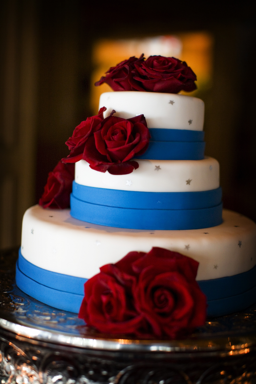 Patriotic Inspired Three Tiered Red, White and Blue Wedding Cake | Tampa Bay Wedding Photographer Limelight Photography
