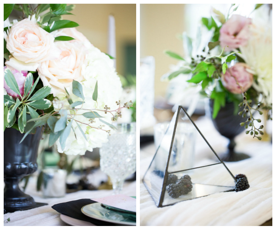 Ivory, White Rose and Blush Pink Wedding Centerpiece with Black Vase and Modern Geometric Shaped Triangle Pyramid with Blackberries