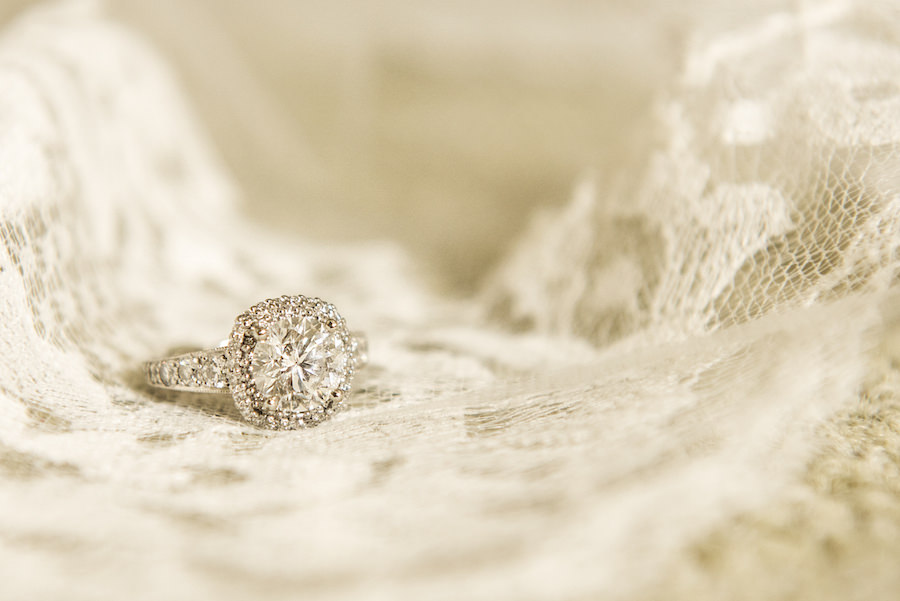 Bride's Wedding Engagement Ring Detail on Lace